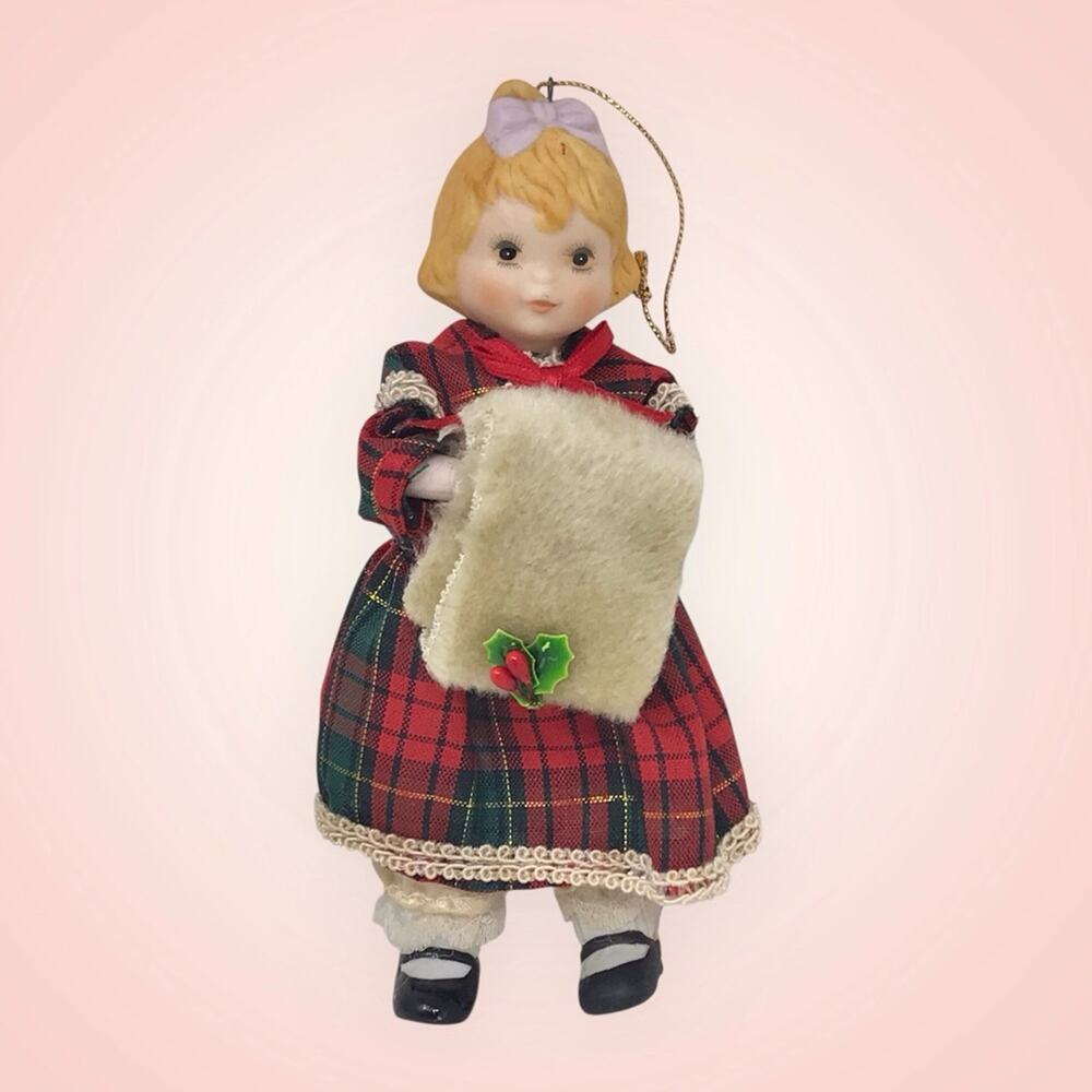 Vintage Christmas Ornament Porcelain & Cloth  Green Red Scottish Style Girl